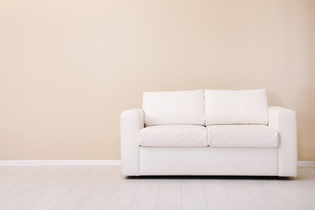 Room interior with comfortable sofa near color wall. Space for textの写真素材