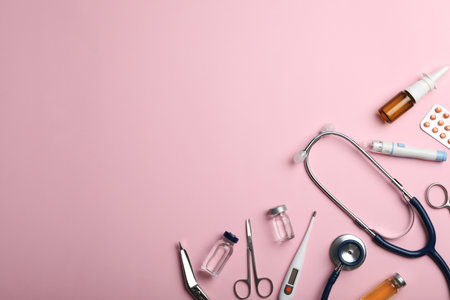 Flat lay composition with medical items and space for text on color backgroundの写真素材