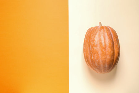 Pumpkin and space for text on color background, top view. autumn holidaysの写真素材