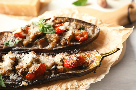Tasty stuffed eggplants on light table, closeupの写真素材