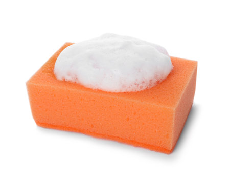 Cleaning sponge with foam for dish washing on white backgroundの写真素材