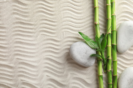 Bamboo branches with spa stones on sand, top view. Space for textの写真素材