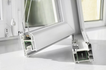 Sample of modern window profile on sill, closeup