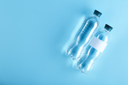 Bottles of water on color background, top view. Space for textの写真素材