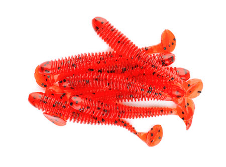 Rubber worms on white background, top view. Fishing lureの写真素材