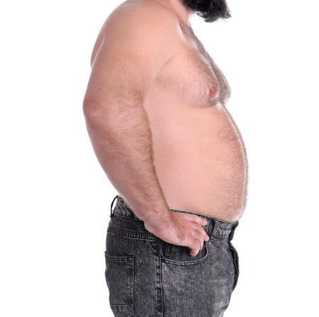Fat man on white background, closeup. weight lossの写真素材