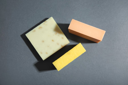 Hand made soap bars on gray background, top viewの写真素材