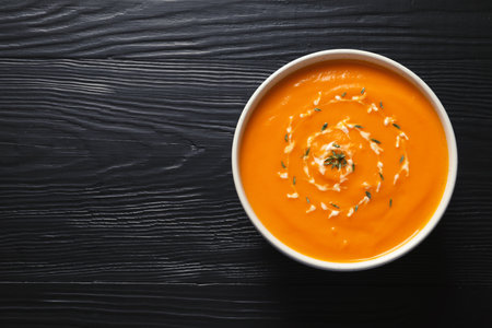 Delicious pumpkin cream soup in bowl on wooden background, top view. Space for textの写真素材
