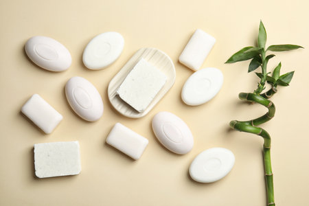 Flat lay composition with soap bars on color backgroundの写真素材