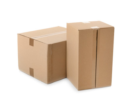 Cardboard boxes on white background. Mockup for designの写真素材