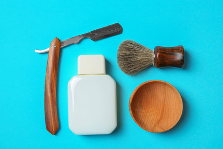 Flat lay composition with shaving accessories for men on color backgroundの写真素材