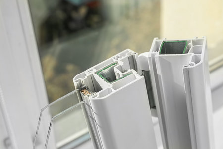 Sample of modern window profile on blurred background, closeupの写真素材