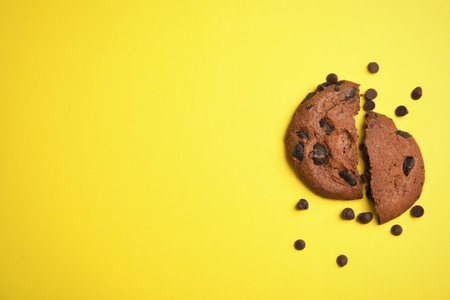 Delicious chocolate chip cookie on color background, top view. Space for textの写真素材