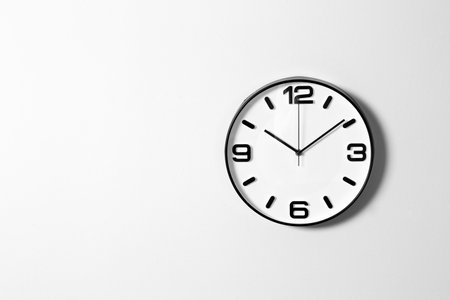 Stylish clock and space for text on white background. time management