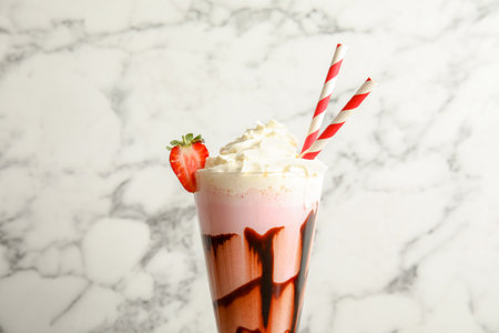 Glass with delicious milk shake on marble background, closeupの写真素材