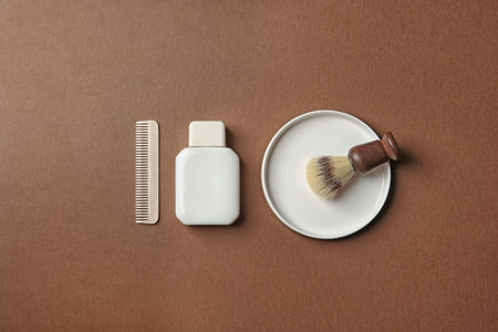 Flat lay composition with shaving accessories for men on color backgroundの写真素材