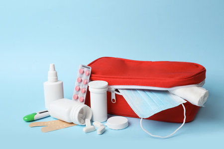 First aid kit on color background. health careの写真素材