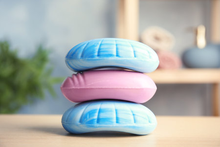 Different stacked soap bars on table in bathroomの写真素材