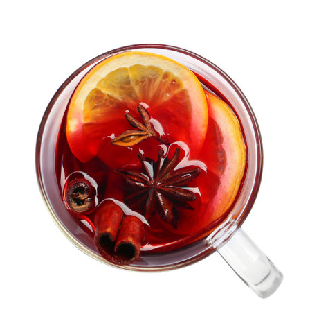 Cup with red mulled wine on white background, top viewの写真素材