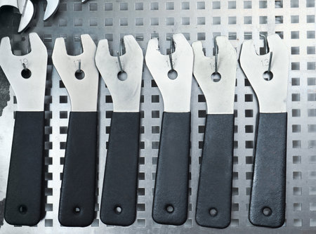 Set of different tools for bicycle repairing on stand