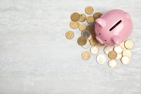 Piggy bank with coins on light background, top view. Space for textの写真素材