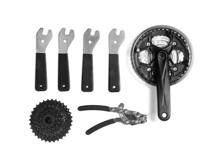 Set of different bicycle tools and parts on white background, flat layの写真素材