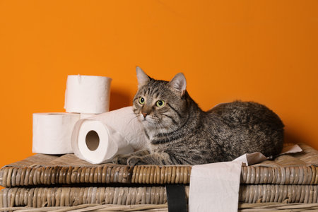 Cute cat playing with roll of toilet paper on basket against color wallの写真素材
