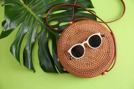 Flat lay composition with bamboo bag on color backgroundの写真素材