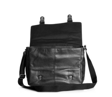 Black male leather briefcase with strap on white backgroundの写真素材