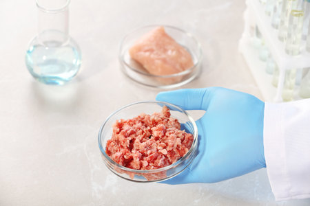 Scientist holding Petri dish with forcemeat sample over table, closeupの写真素材