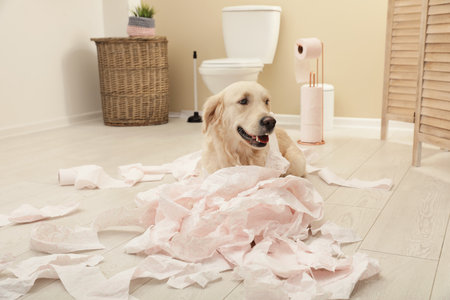 Cute dog playing with toilet paper in bathroom at homeの写真素材