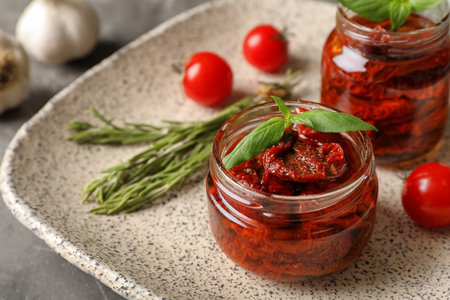 Jar with sun dried tomatoes on plate, closeupの写真素材
