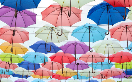 Many opened multicolored umbrellas on light backgroundの写真素材