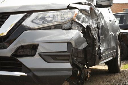 Broken car after road accident, closeup view. auto insuranceの写真素材