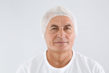 Portrait of senior man with marks on face preparing for cosmetic surgery against white backgroundの写真素材