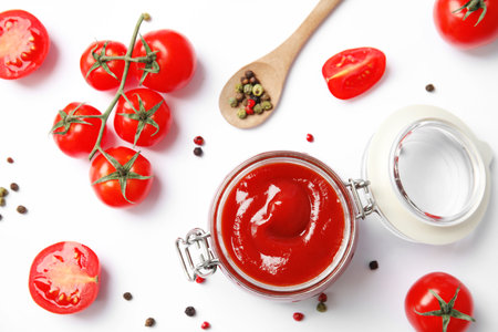 Composition with tasty homemade tomato sauce on white background, top viewの写真素材