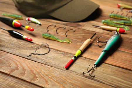 Fishing tackle on wooden table. recreational activityの写真素材