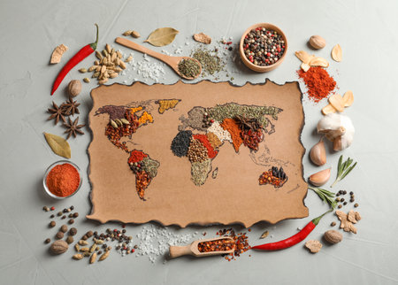 Paper with world map made of different aromatic spices on gray background, flat layの写真素材