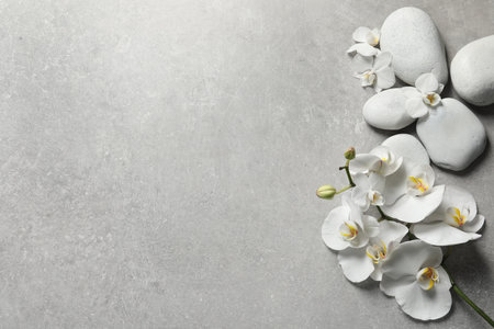 Flat lay composition with spa stones and orchid flowers on gray background. Space for textの写真素材