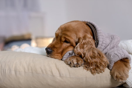 Cute Cocker Spaniel dog in knitted sweater lying on pillow at home. warm and cozy winterの写真素材