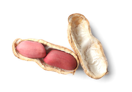 Raw peanuts in pod on white background, top view