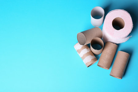 Toilet paper roll and empty tubes on color background. Space for textの写真素材