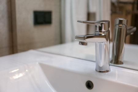 Chrome tap and white sink in bathroom