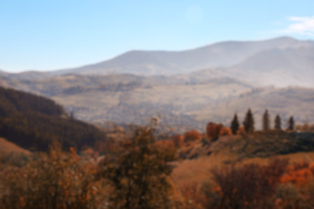 Picturesque landscape with forest and mountains, blurred view