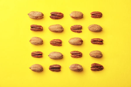 Composition with pecan nuts on color background, top view