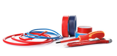 Set of electrician's tools on white backgroundの写真素材