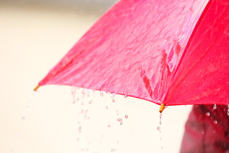 Bright color umbrella under rain outdoors, closeupの写真素材