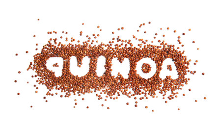 Word QUINOA written with red seeds on white background, top viewの写真素材