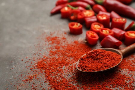 Spoon with chili pepper powder on gray table. Space for text
