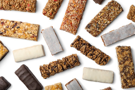 Flat lay composition with protein bars on white backgroundの写真素材